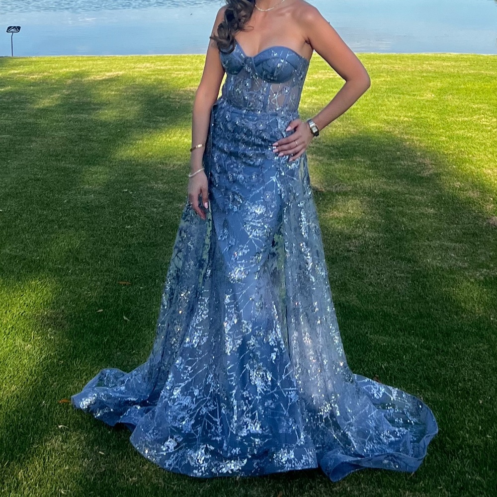 Smoky Blue Applique Strapless Fitted Gown by Cinderella Divine CB046